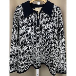 Vintage 90s Express Tricot Black White Geometric Knit Sweater‎ Quarter Zip L